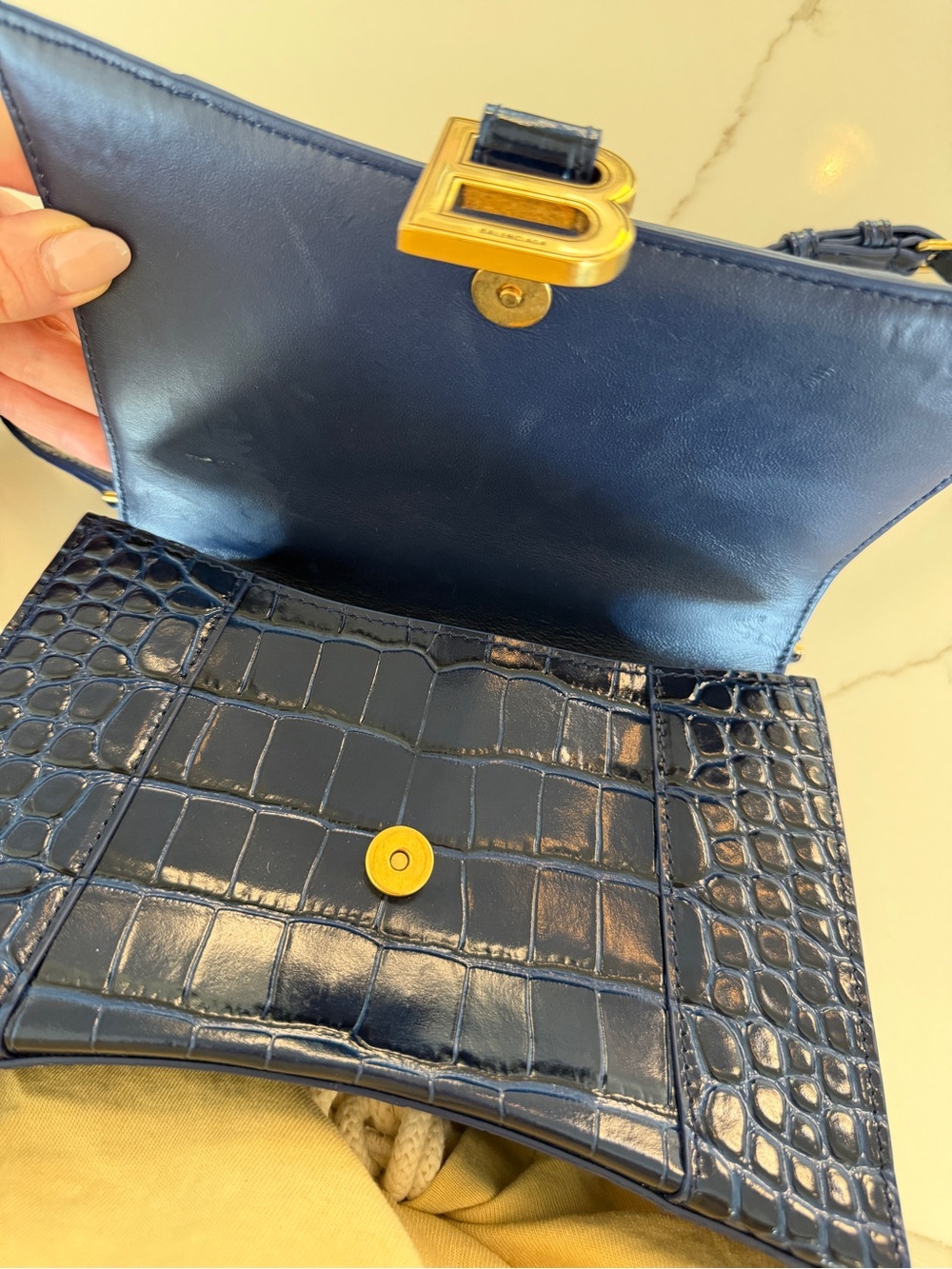 BALENCIAGA Shiny Calfskin Crocodile Embossed Small Hourglass Top Handle Bag Navy - Picture 4 of 4